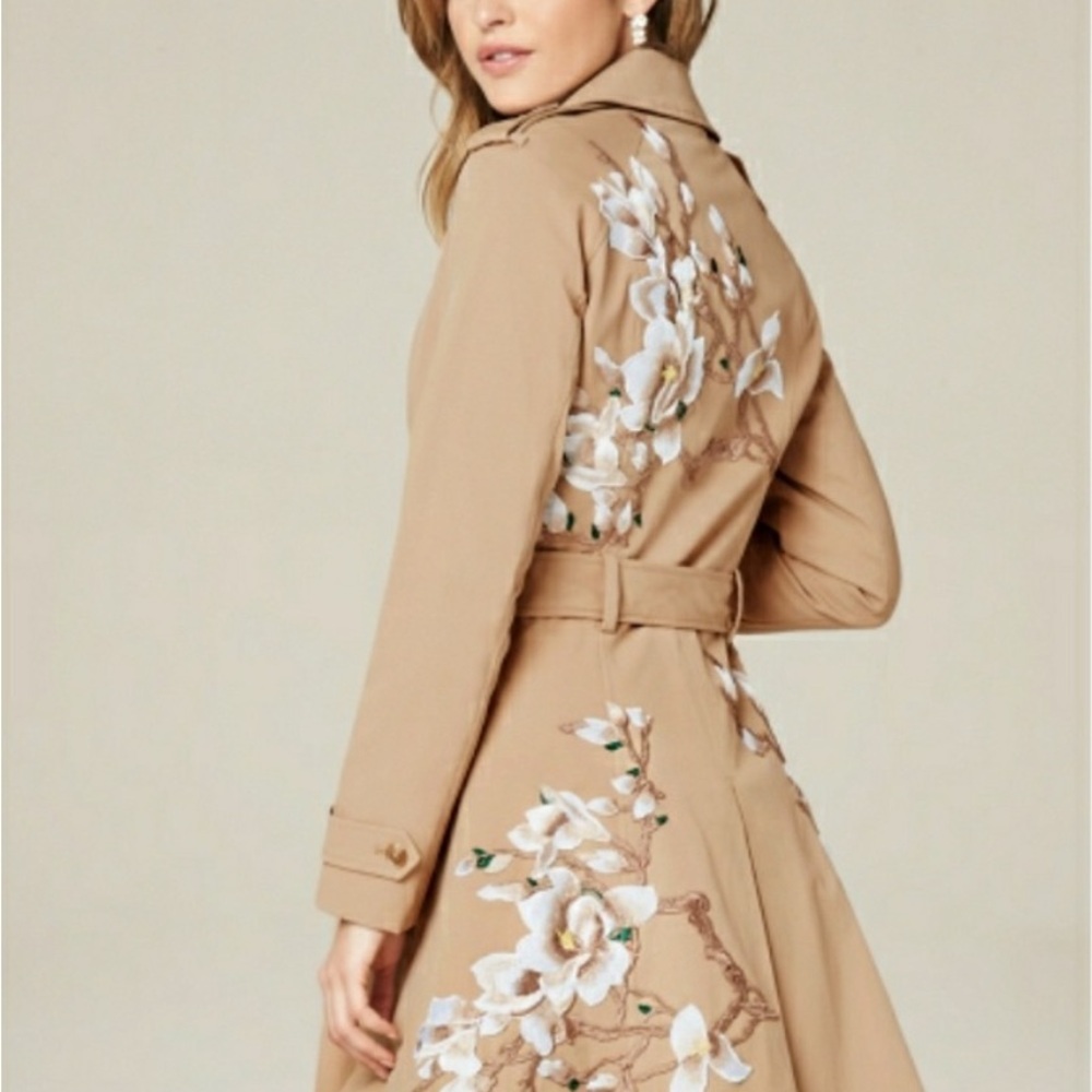 Bebe Tan Trench Coat with Embroidered Flower Back